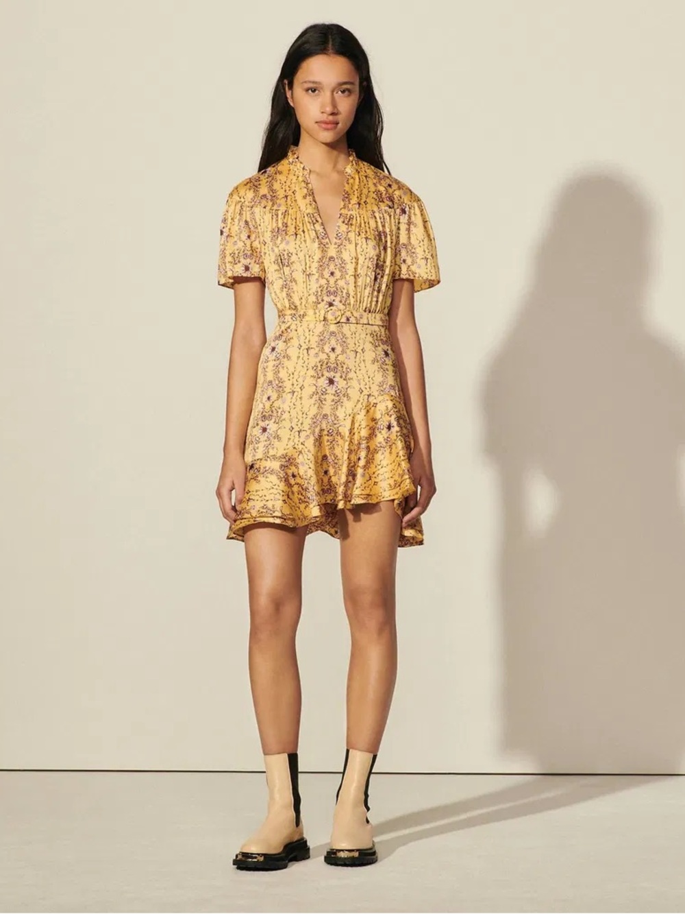 EUC Sandro Yellow Dress with Brown Floral Print